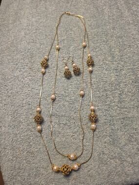 Vintage Gold Tone Long Layering Necklace Earring Set Faux Pearl Filigree Bead